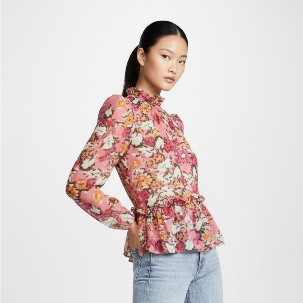 SALONI 100% Silk Mel Floral Ruffle Silk Blouse